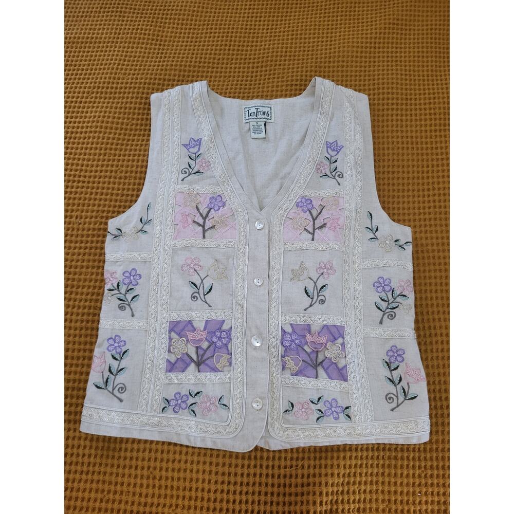 Tantrums Cottagecore Grannycore Linen Blend Embroidered Floral Lace Vest EUC S